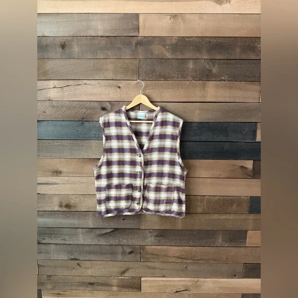 Vintage Plaid Wool Blend Button Front Vest Earth Tone Layered Folk Style - Picture 13 of 15